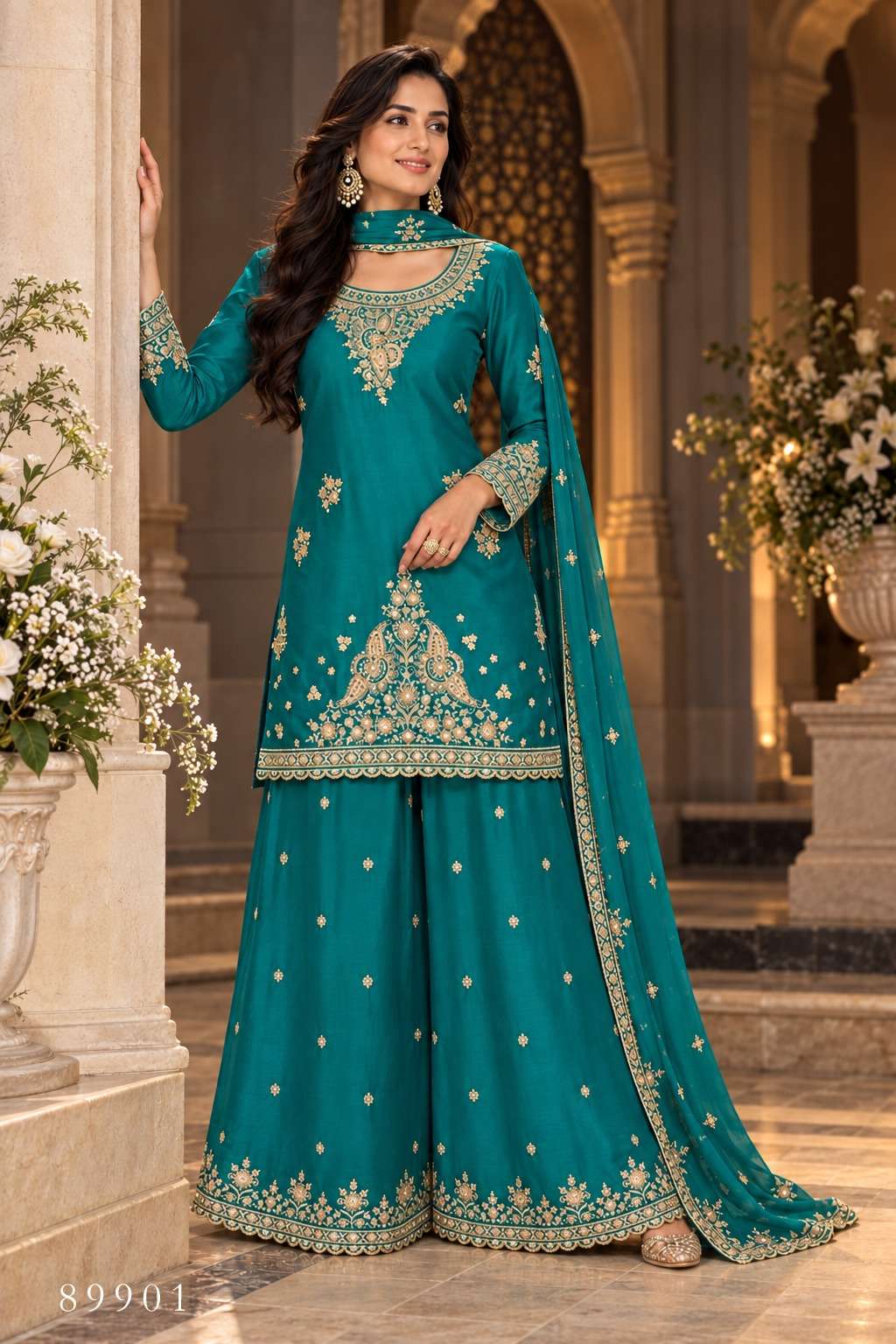 PURPLE CREATION LISA PREMIUM CHINNON WORK PALAZZO SUIT FOR WEDDING TYPE EXPORT